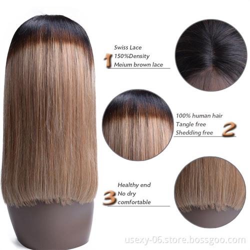 Wholesale Colourful Wig Vendors Short Bob Lace Front Ombre Colored Brazilian Human Hair Wig